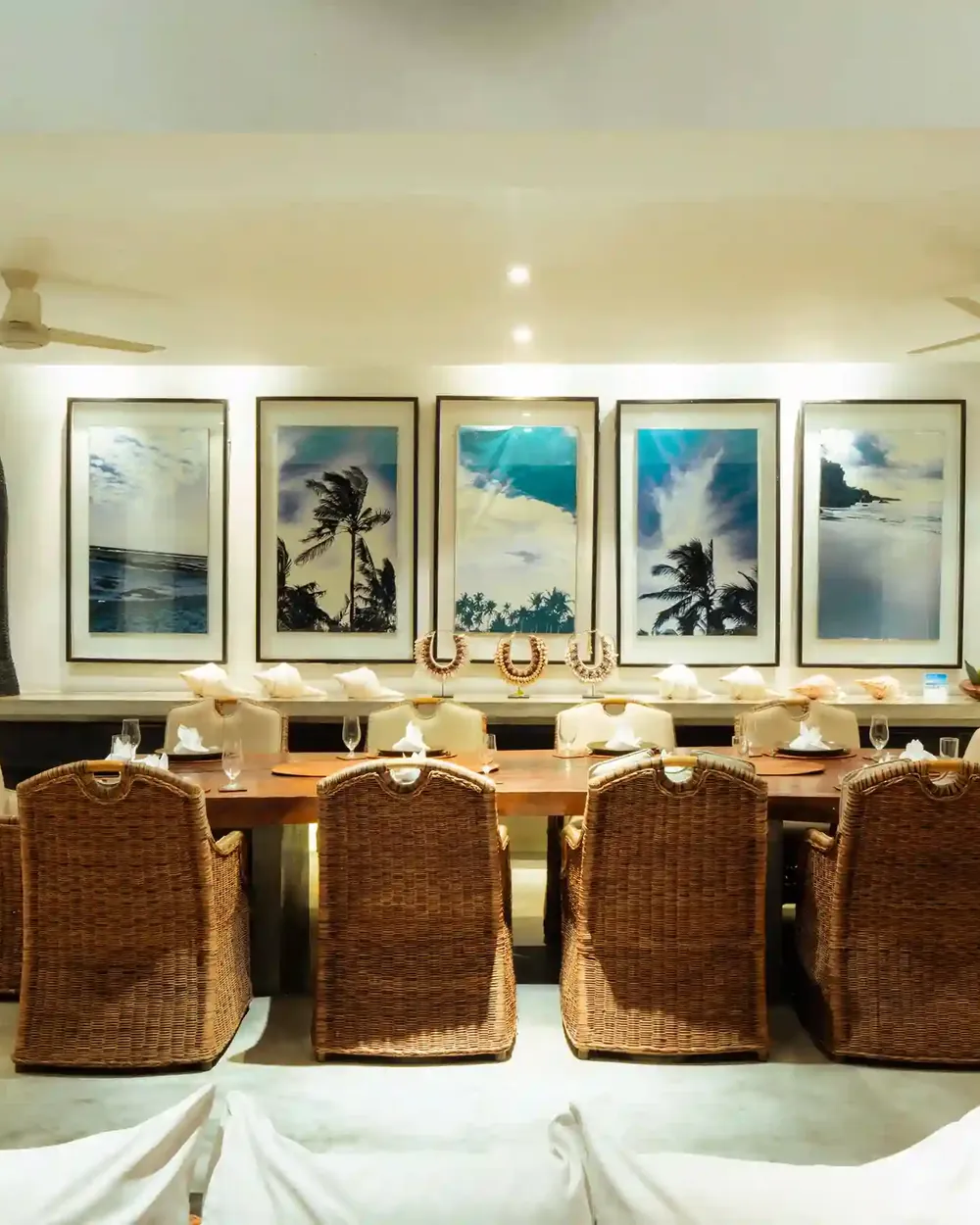 Dining table with woven rattan chairs