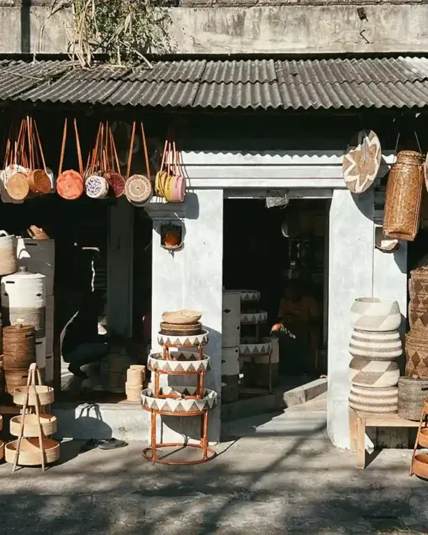 Rattan baskets stacked outside a craft shop in Bali